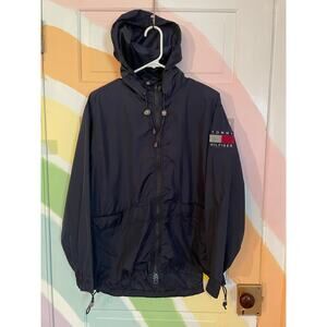 Vintage Tommy Hilfiger Hooded Windbreaker Jacket Navy Blue Size M Y2K Streetwear
